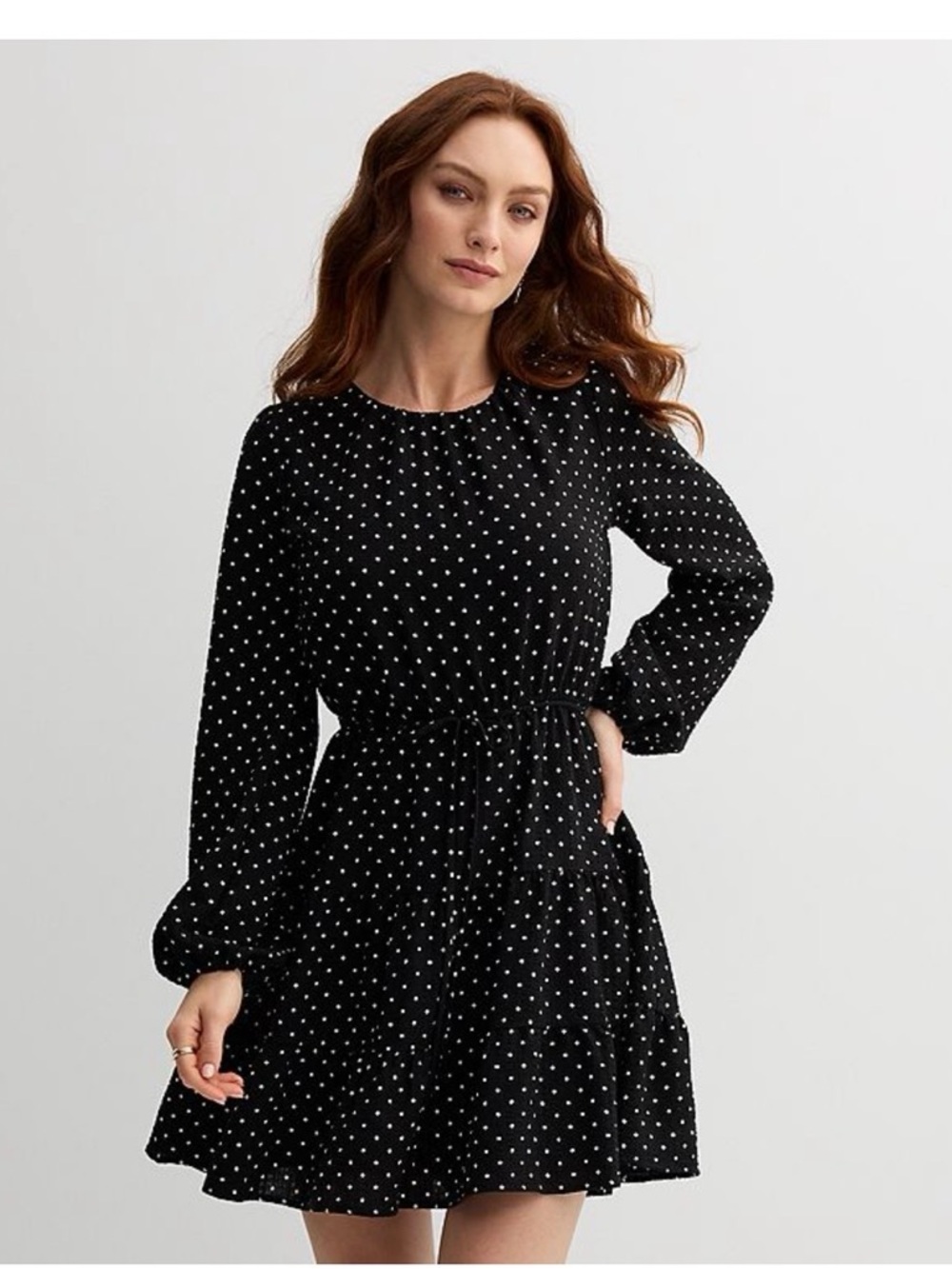 Draper James Black Polka Dot Long-Sleeve Tiered Dress